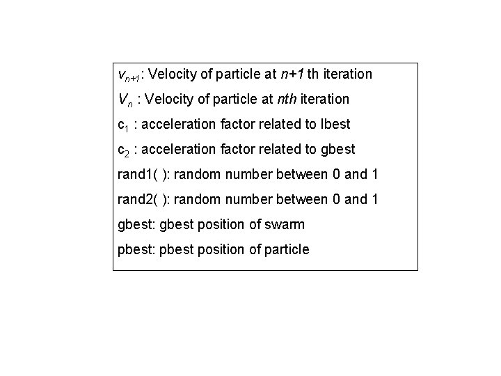 vn+1: Velocity of particle at n+1 th iteration Vn : Velocity of particle at