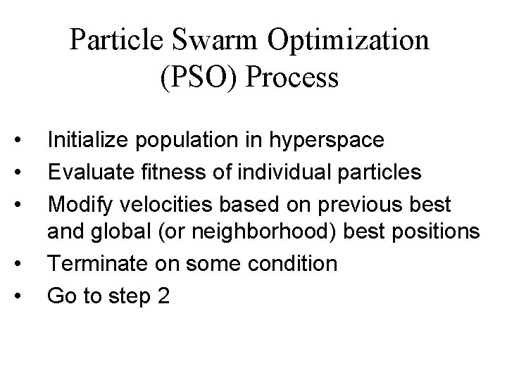 Particle Swarm Optimization (PSO) Process • • • Initialize population in hyperspace Evaluate fitness