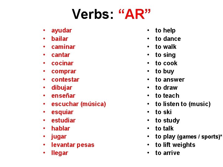 Verbs: “AR” • • • • ayudar bailar caminar cantar cocinar comprar contestar dibujar