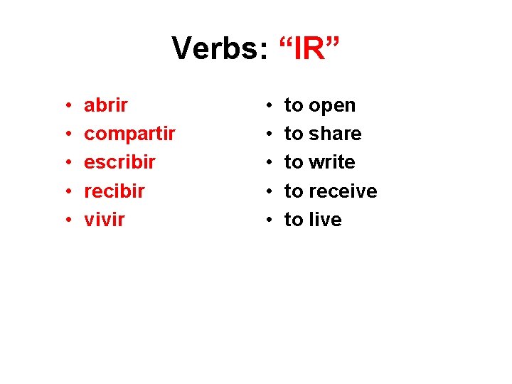 Verbs: “IR” • • • abrir compartir escribir recibir vivir • • • to