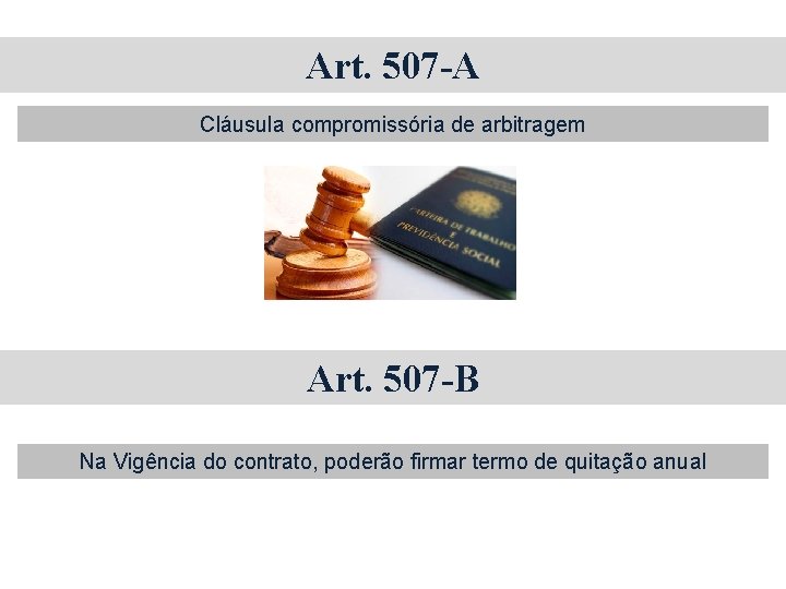 Art. 507 -A Cláusula compromissória de arbitragem Art. 507 -B Na Vigência do contrato,