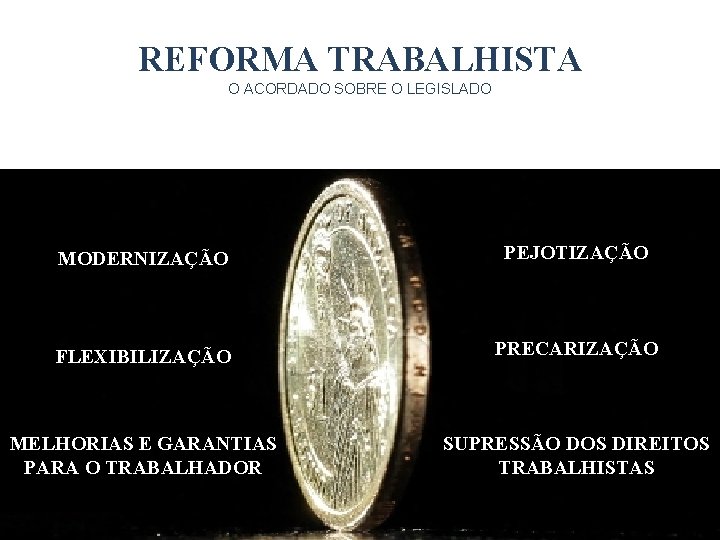 REFORMA TRABALHISTA O ACORDADO SOBRE O LEGISLADO MODERNIZAÇÃO PEJOTIZAÇÃO FLEXIBILIZAÇÃO PRECARIZAÇÃO MELHORIAS E GARANTIAS