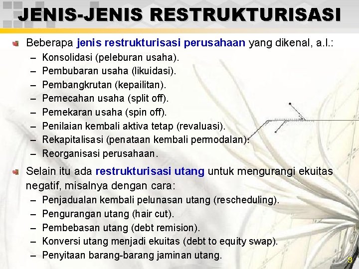 JENIS-JENIS RESTRUKTURISASI Beberapa jenis restrukturisasi perusahaan yang dikenal, a. l. : – – –