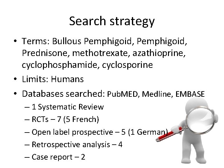 Search strategy • Terms: Bullous Pemphigoid, Prednisone, methotrexate, azathioprine, cyclophosphamide, cyclosporine • Limits: Humans