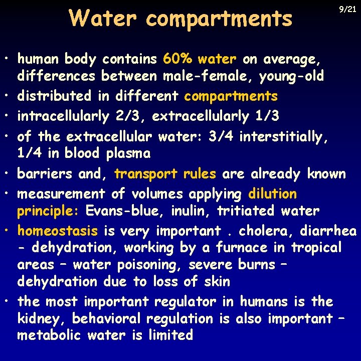 Water compartments 9/21 • human body contains 60% water on average, differences between male-female,