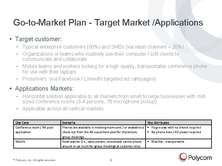Go-to-Market Plan - Target Market /Applications • Target customer: − Typical enterprise customers (80%)