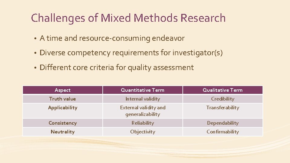 Challenges of Mixed Methods Research • A time and resource-consuming endeavor • Diverse competency