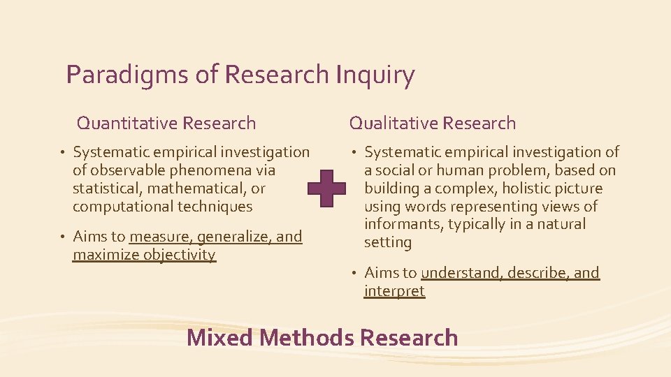 Paradigms of Research Inquiry Quantitative Research Qualitative Research • Systematic empirical investigation of observable