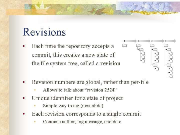 Revisions • Each time the repository accepts a commit, this creates a new state