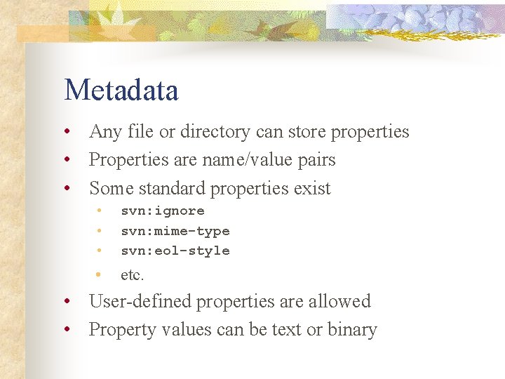 Metadata • Any file or directory can store properties • Properties are name/value pairs