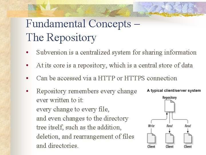 Fundamental Concepts – The Repository • Subversion is a centralized system for sharing information