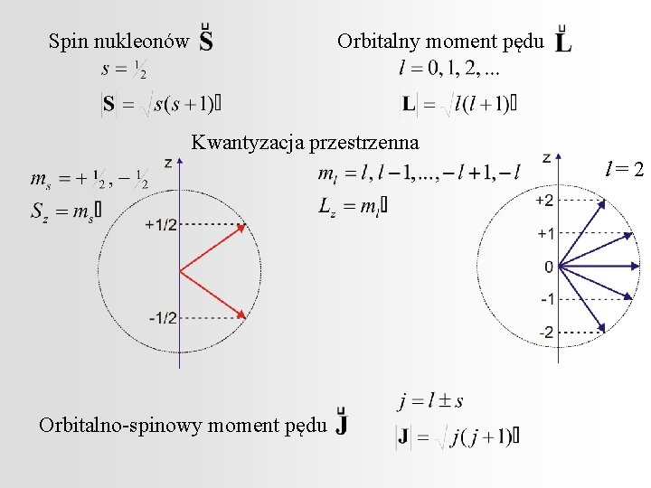 Spin nukleonów Orbitalny moment pędu Kwantyzacja przestrzenna l=2 Orbitalno-spinowy moment pędu 