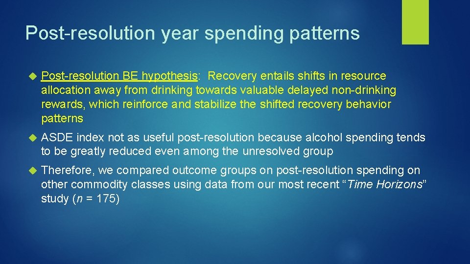 Post-resolution year spending patterns Post-resolution BE hypothesis: Recovery entails shifts in resource allocation away