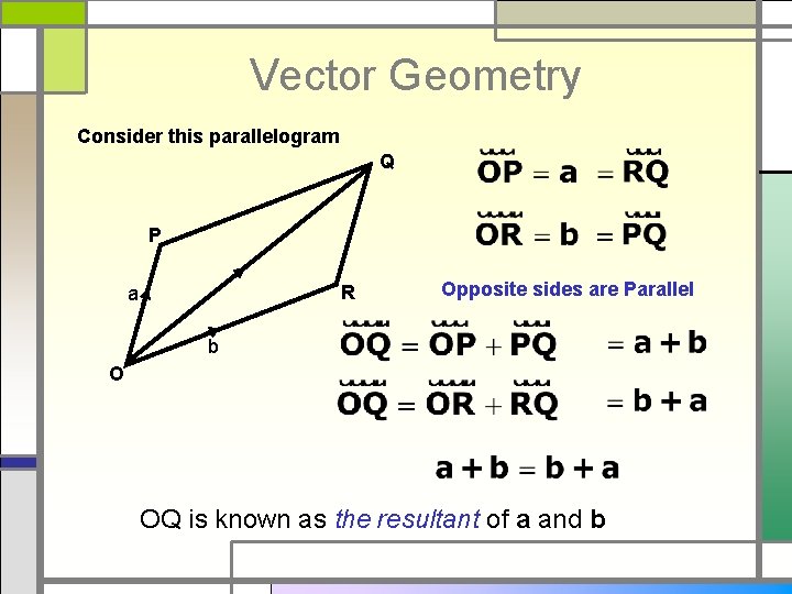 Vector Geometry Consider this parallelogram Q P R a Opposite sides are Parallel b