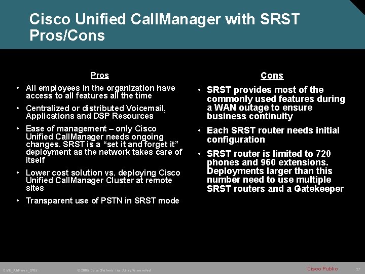 Cisco Unified Call. Manager with SRST Pros/Cons Pros • All employees in the organization