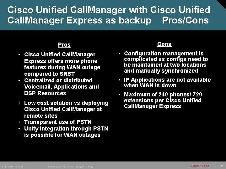 Cisco Unified Call. Manager with Cisco Unified Call. Manager Express as backup Pros/Cons Pros