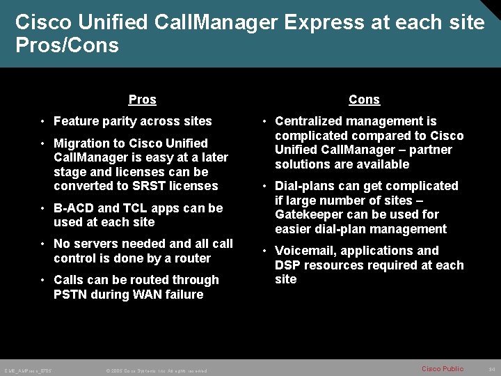 Cisco Unified Call. Manager Express at each site Pros/Cons Pros • Feature parity across