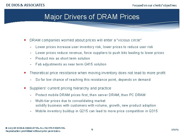 DE DIOS & ASSOCIATES Focused on our clients’ objectives Major Drivers of DRAM Prices
