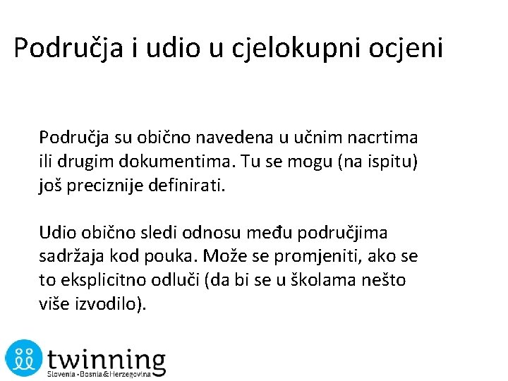 Područja i udio u cjelokupni ocjeni Područja su obično navedena u učnim nacrtima ili