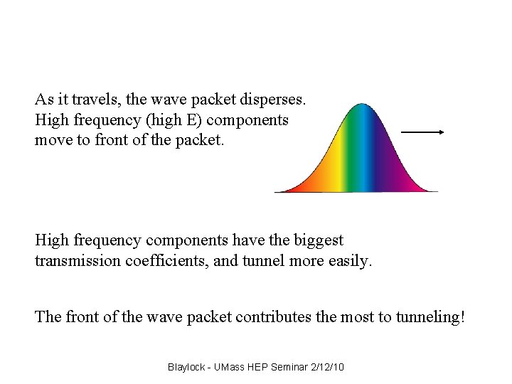 dispersion As it travels, the wave packet disperses. High frequency (high E) components move