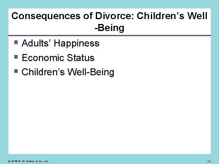 Consequences of Divorce: Children’s Well -Being Adults’ Happiness Economic Status Children’s Well-Being © 2018