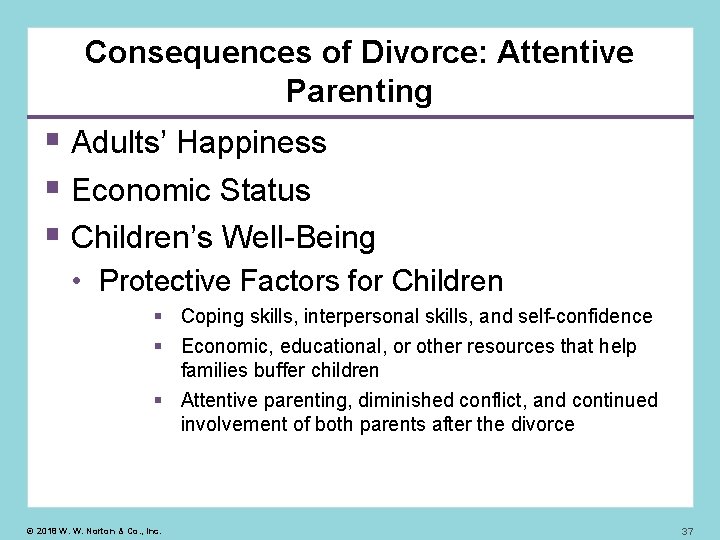 Consequences of Divorce: Attentive Parenting Adults’ Happiness Economic Status Children’s Well-Being • Protective Factors