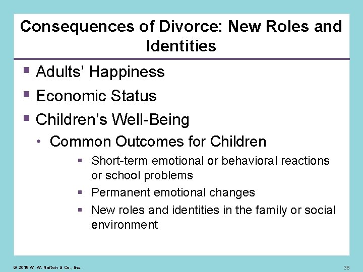 Consequences of Divorce: New Roles and Identities Adults’ Happiness Economic Status Children’s Well-Being •