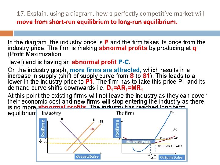 17. Explain, using a diagram, how a perfectly competitive market will move from short-run