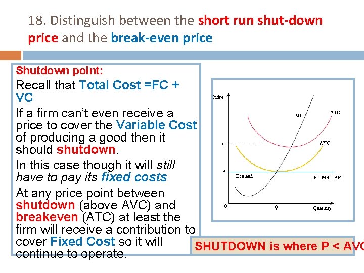 18. Distinguish between the short run shut-down price and the break-even price Shutdown point: