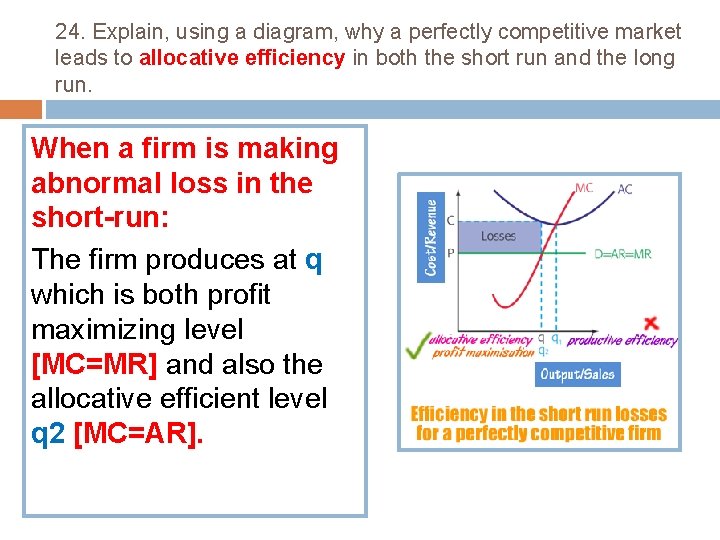 24. Explain, using a diagram, why a perfectly competitive market leads to allocative efficiency