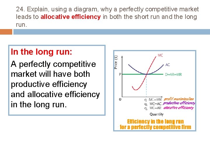 24. Explain, using a diagram, why a perfectly competitive market leads to allocative efficiency