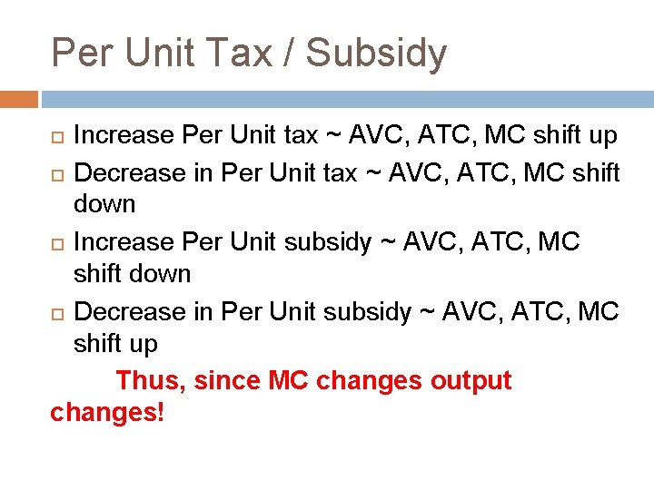 Per Unit Tax / Subsidy Increase Per Unit tax ~ AVC, ATC, MC shift