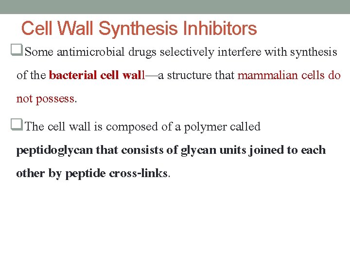 Cell Wall Synthesis Inhibitors q. Some antimicrobial drugs selectively interfere with synthesis of the