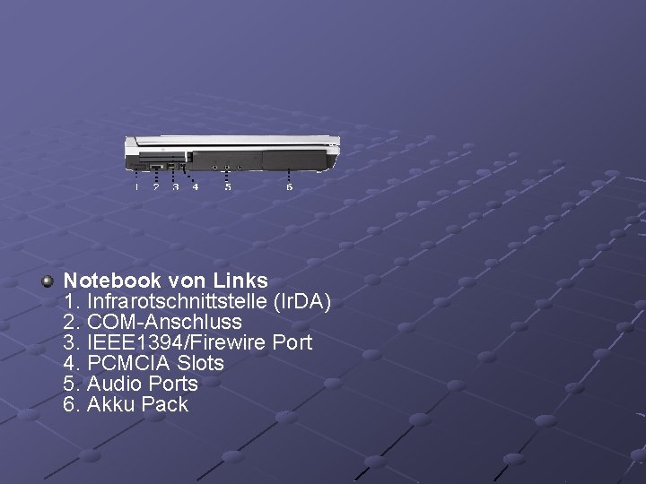 Notebook von Links 1. Infrarotschnittstelle (Ir. DA) 2. COM-Anschluss 3. IEEE 1394/Firewire Port 4.