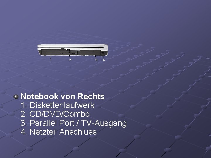 Notebook von Rechts 1. Diskettenlaufwerk 2. CD/DVD/Combo 3. Parallel Port / TV-Ausgang 4. Netzteil