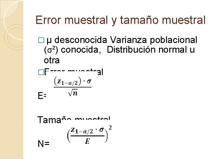 Error muestral y tamaño muestral �µ desconocida Varianza poblacional (σ²) conocida, Distribución normal u