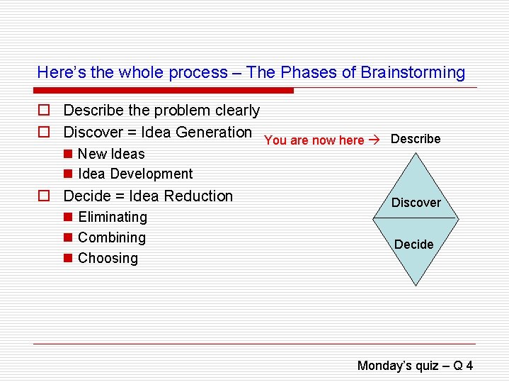 Here’s the whole process – The Phases of Brainstorming o Describe the problem clearly