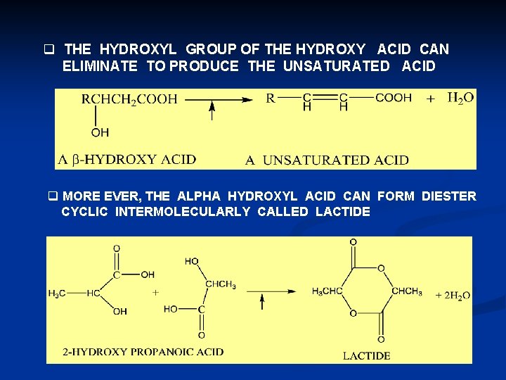 q THE HYDROXYL GROUP OF THE HYDROXY ACID CAN ELIMINATE TO PRODUCE THE UNSATURATED q THE HYDROXYL GROUP OF THE HYDROXY ACID CAN ELIMINATE TO PRODUCE THE UNSATURATED