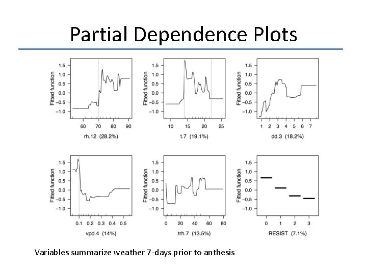 Partial Dependence Plots Variables summarize weather 7 -days prior to anthesis 