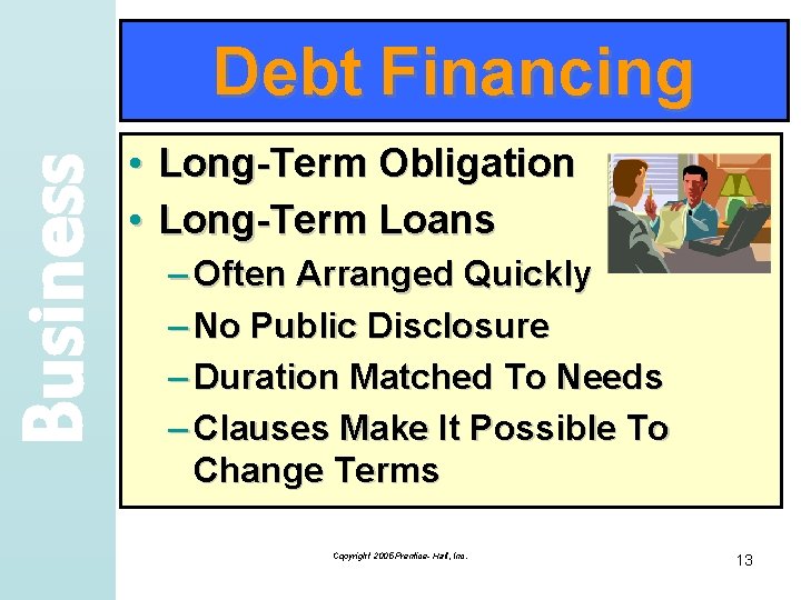 Business Debt Financing • Long-Term Obligation • Long-Term Loans – Often Arranged Quickly –