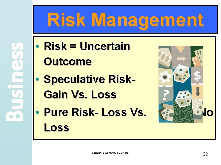 Business Risk Management • Risk = Uncertain Outcome • Speculative Risk. Gain Vs. Loss