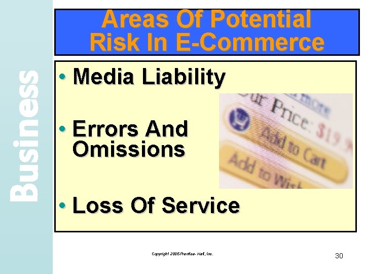 Business Areas Of Potential Risk In E-Commerce • Media Liability • Errors And Omissions