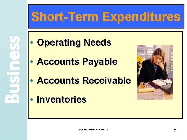 Business Short-Term Expenditures • Operating Needs • Accounts Payable • Accounts Receivable • Inventories