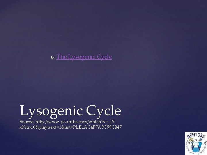  The Lysogenic Cycle Source: http: //www. youtube. com/watch? v=_J 9 x. Kitsd 0&playnext=1&list=PLB