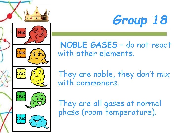 Group 18 NOBLE GASES – do not react with other elements. They are noble,