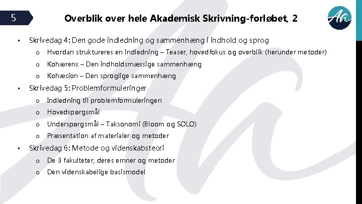 5 Overblik over hele Akademisk Skrivning-forløbet, 2 • • • Skrivedag 4: Den gode