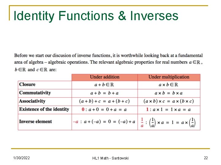 Identity Functions & Inverses 1/30/2022 HL 1 Math - Santowski 22 