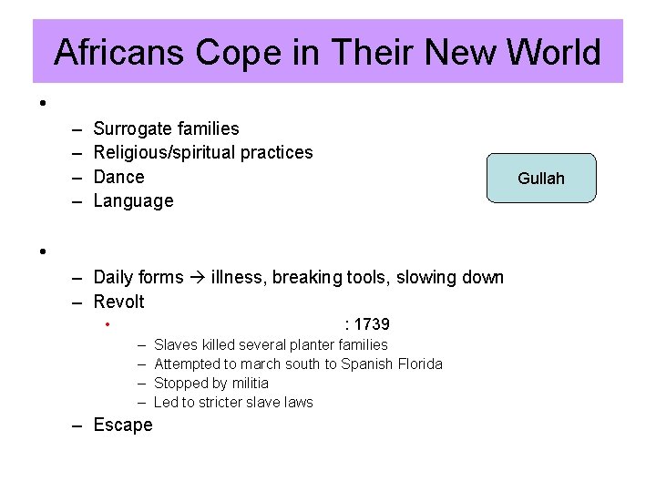 Africans Cope in Their New World • – – Surrogate families Religious/spiritual practices Dance