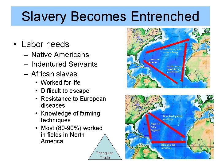 Slavery Becomes Entrenched • Labor needs – Native Americans – Indentured Servants – African