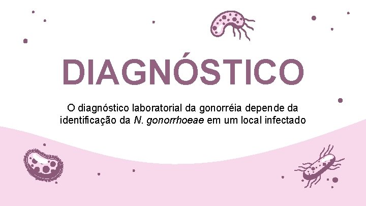 DIAGNÓSTICO O diagnóstico laboratorial da gonorréia depende da identificação da N. gonorrhoeae em um